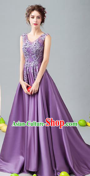 Top Grade Handmade Bridesmaid Purple Satin Formal Dress Compere Costume Catwalks Evening Dress for Women