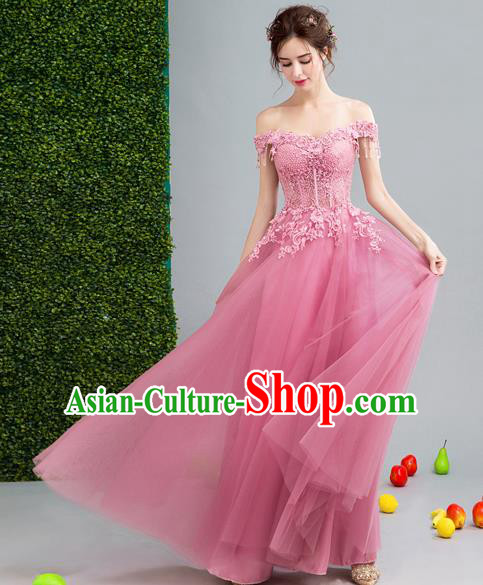 Top Grade Crystal Tassel Pink Formal Dress Compere Costume Catwalks Evening Dress for Women