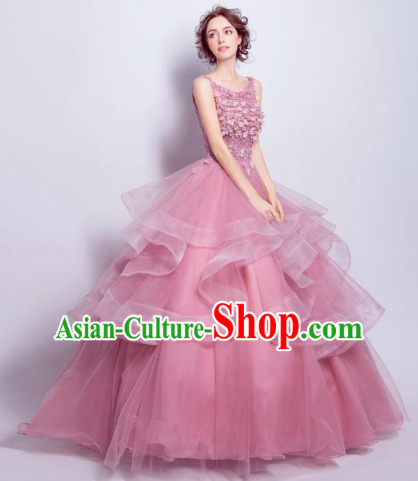 Handmade Bride Pink Wedding Dress Princess Costume Flowers Fairy Fancy Wedding Gown for Women