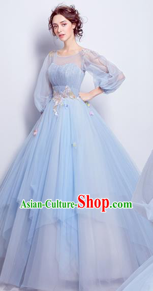 Handmade Bride Blue Veil Wedding Dress Princess Costume Flowers Fairy Fancy Wedding Gown for Women