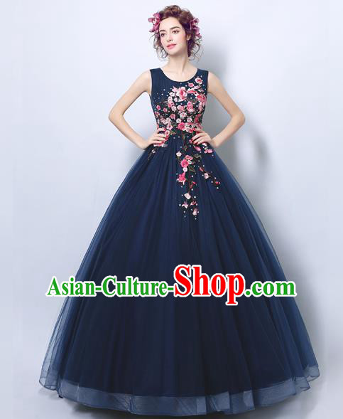 Handmade Bride Navy Veil Wedding Dress Princess Costume Flowers Fairy Fancy Wedding Gown for Women