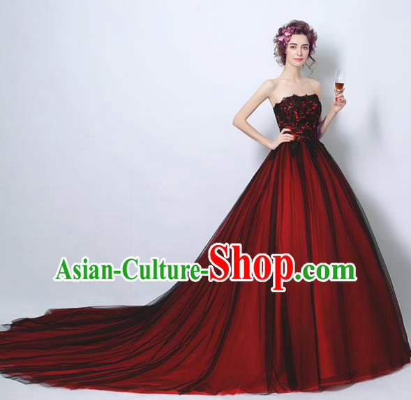 Handmade Bride Wine Red Wedding Dress Fancy Formal Dress Wedding Gown for Women