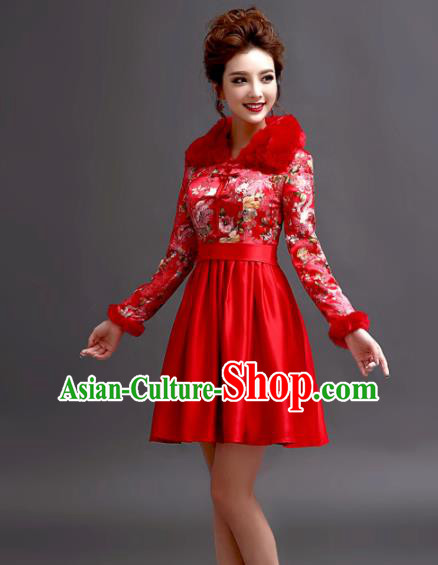 Chinese Traditional Wedding Full Dress Bride Red Tang Suit Cheongsam for Women