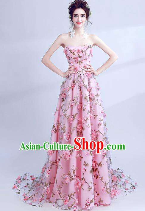 Handmade Pink Flowers Evening Dress Compere Costume Catwalks Angel Full Dress for Women