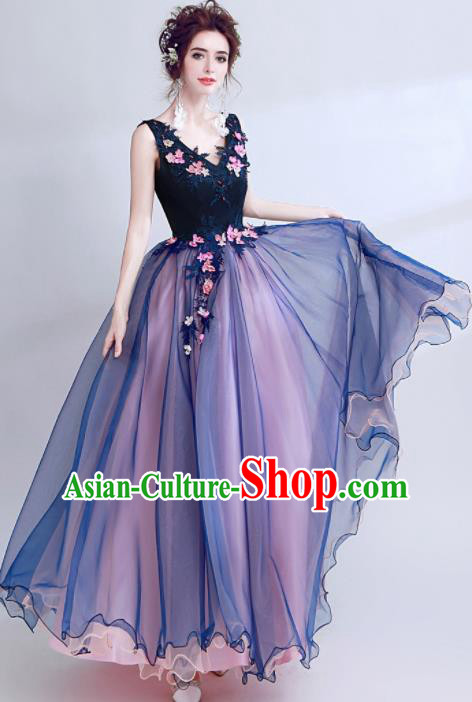 Handmade Embroidered Navy Evening Dress Compere Costume Catwalks Angel Full Dress for Women