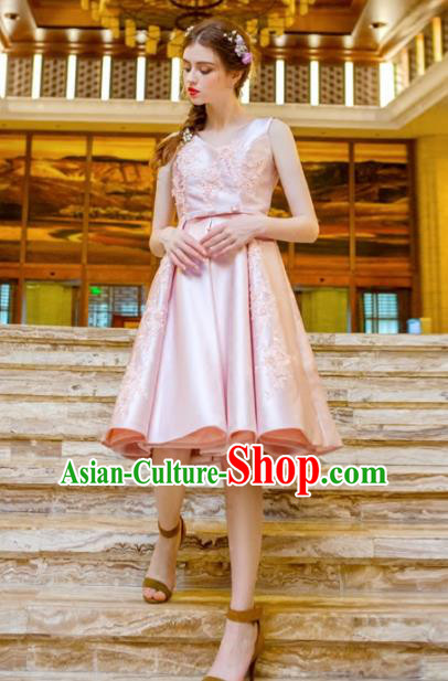 Handmade Pink Satin Short Evening Dress Compere Costume Catwalks Angel Full Dress for Women