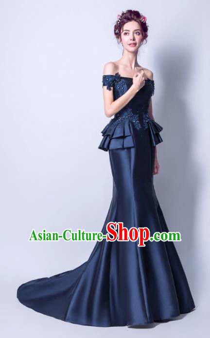 Handmade Navy Satin Evening Dress Compere Costume Catwalks Angel Full Dress for Women