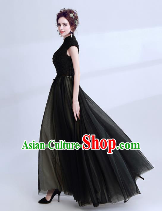 Handmade Black Lace Evening Dress Compere Costume Catwalks Angel Full Dress for Women