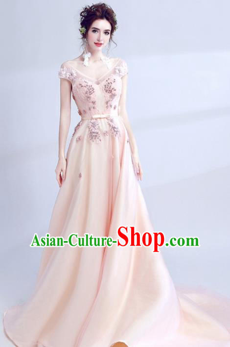 Handmade Embroidered Pink Evening Dress Compere Costume Catwalks Angel Full Dress for Women