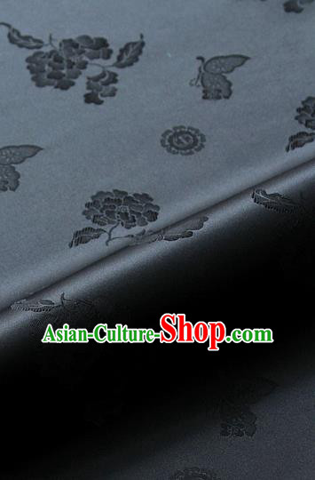 Asian Korean Traditional Black Brocade Fabric Classical Butterfly Peony Pattern Silk Fabric Hanbok Silk Material