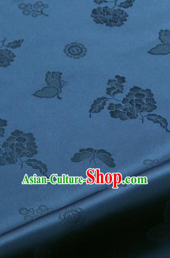 Asian Korean Traditional Navy Brocade Fabric Classical Butterfly Peony Pattern Silk Fabric Hanbok Silk Material