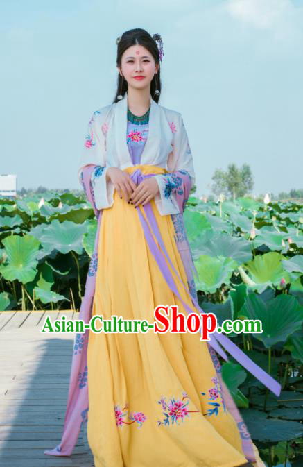 Chinese Traditional Nobility Lady Historical Costumes Ancient Tang Dynasty Yellow Hanfu Dress for Women