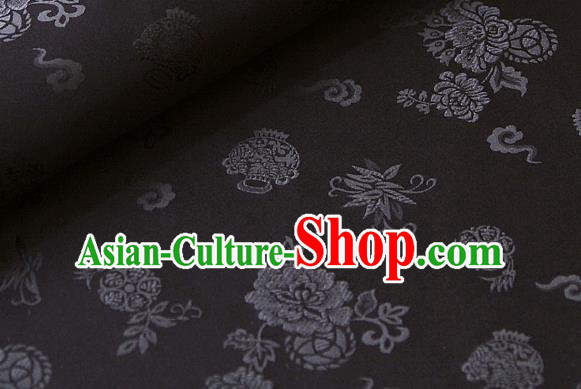 Asian Korean Classical Black Brocade Traditional Palace Peony Pattern Satin Fabric Silk Fabric Material