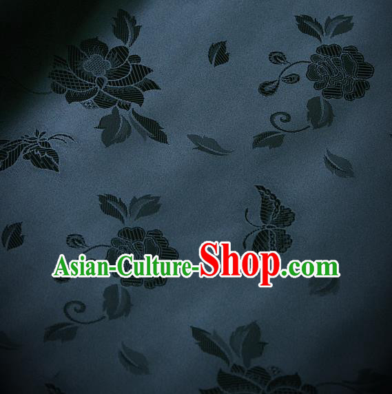 Traditional Asian Navy Brocade Classical Peony Pattern Drapery Korean Hanbok Palace Satin Silk Fabric