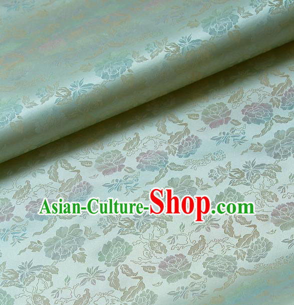 Traditional Asian Classical Peony Pattern Light Green Brocade Drapery Korean Hanbok Palace Satin Silk Fabric