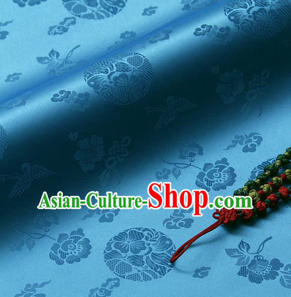 Traditional Asian Cloth Drapery Blue Brocade Korean Hanbok Palace Satin Silk Fabric