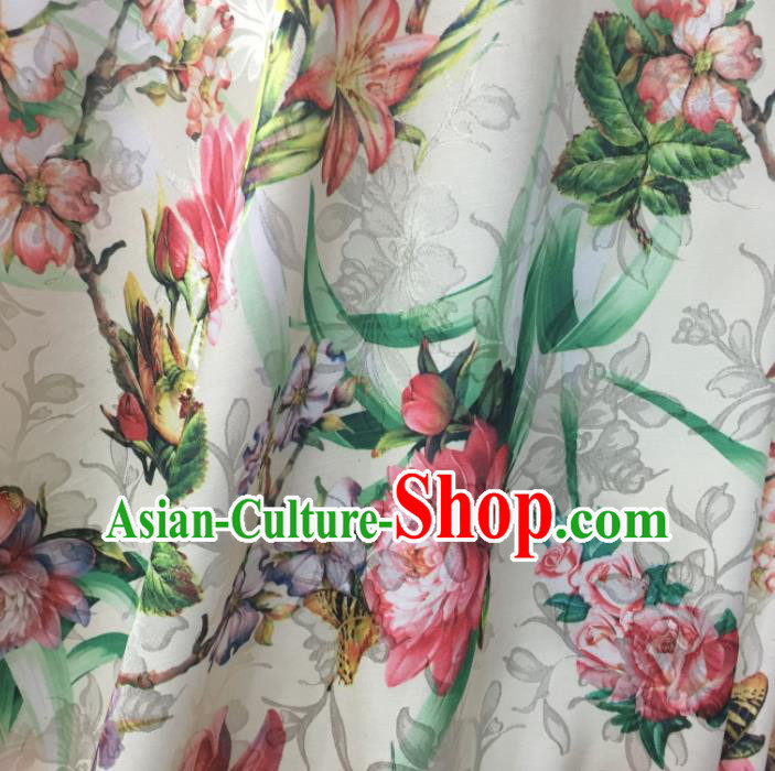 Chinese Traditional Apparel Fabric White Qipao Brocade Classical Peony Pattern Design Silk Material Satin Drapery