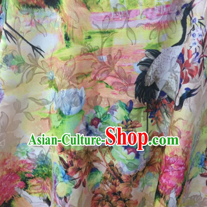 Chinese Traditional Apparel Fabric Printing Cranes Brocade Classical Pattern Design Silk Material Satin Drapery