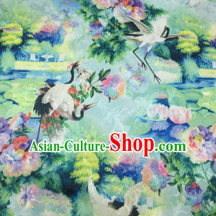 Chinese Traditional Apparel Fabric Green Printing Cranes Brocade Classical Pattern Design Silk Material Satin Drapery