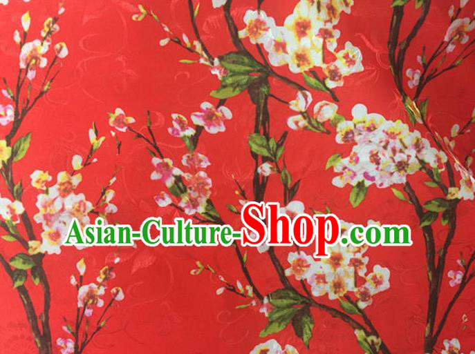 Chinese Traditional Apparel Fabric Printing Peach Blossom Red Brocade Classical Pattern Design Silk Material Satin Drapery