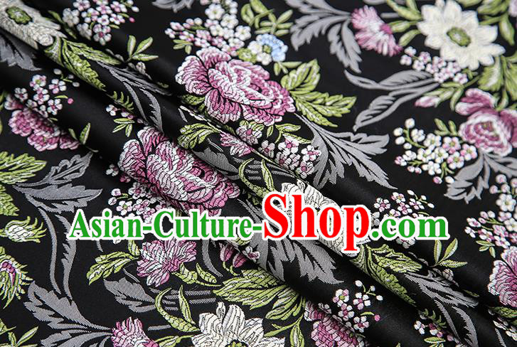 Chinese Traditional Bride Apparel Fabric Black Brocade Classical Peony Pattern Design Material Satin Drapery