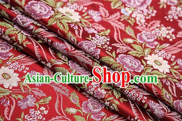 Chinese Traditional Bride Apparel Fabric Purplish Red Brocade Classical Peony Pattern Design Material Satin Drapery