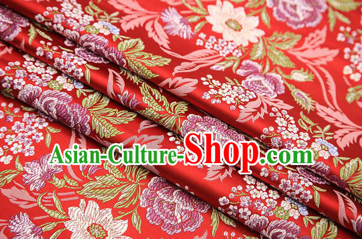 Chinese Traditional Bride Apparel Fabric Red Brocade Classical Peony Pattern Design Material Satin Drapery