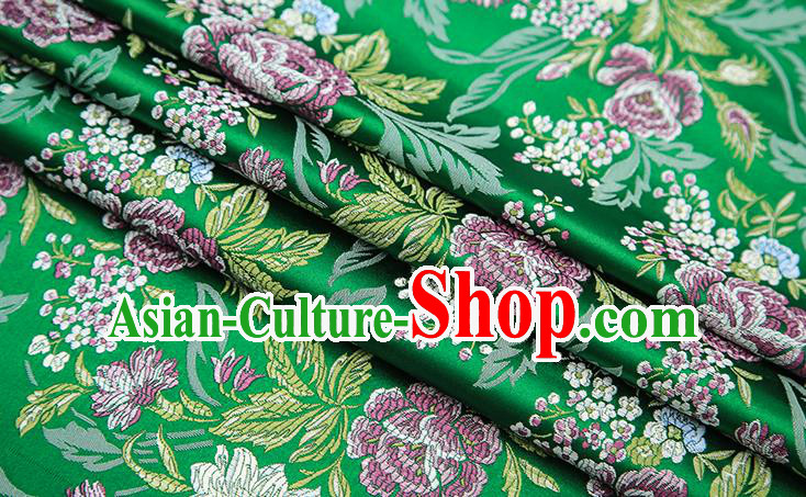 Chinese Traditional Bride Apparel Fabric Green Brocade Classical Peony Pattern Design Material Satin Drapery
