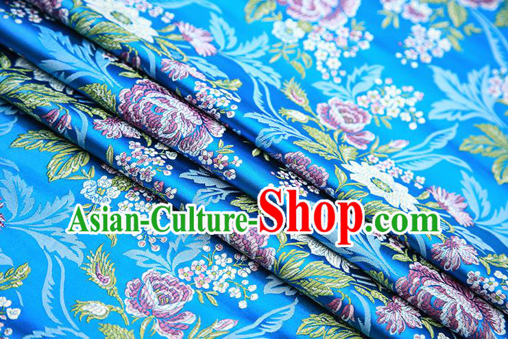 Chinese Traditional Bride Apparel Fabric Blue Brocade Classical Peony Pattern Design Material Satin Drapery