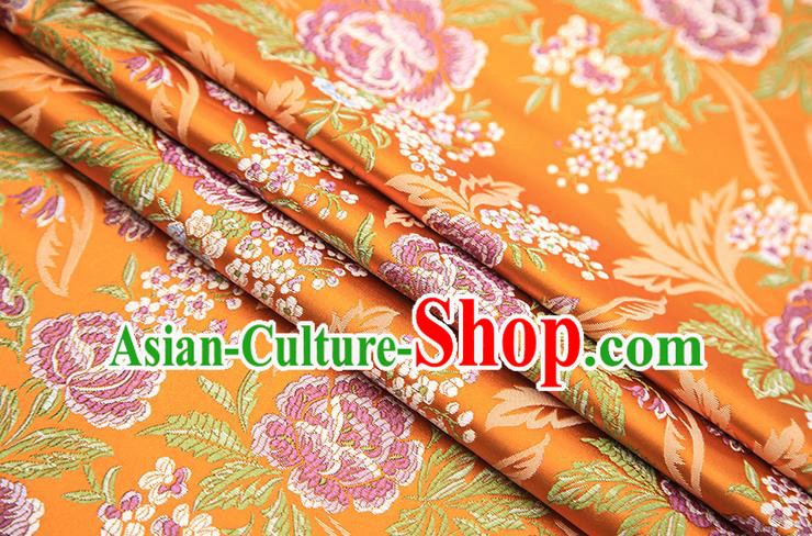 Chinese Traditional Bride Apparel Fabric Orange Brocade Classical Peony Pattern Design Material Satin Drapery