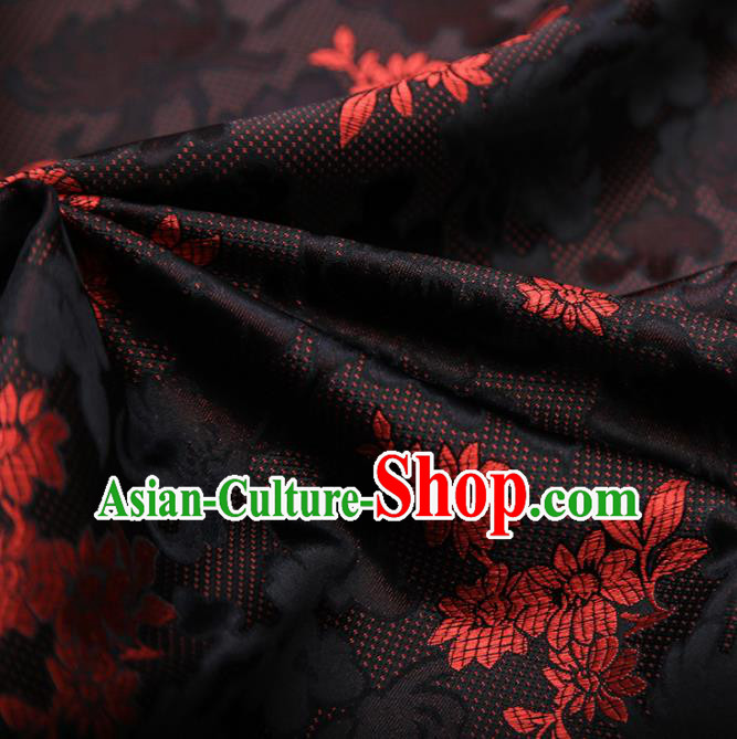 Chinese Traditional Apparel Black Brocade Fabric Classical Peony Chrysanthemum Pattern Design Material Satin Drapery