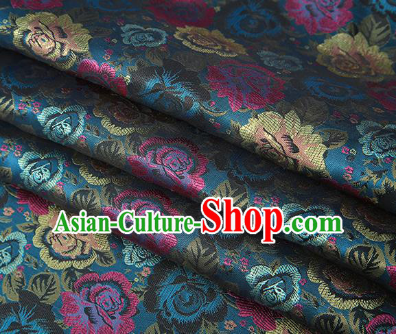 Chinese Traditional Jacquard Fabric Qipao Dress Lake Blue Brocade Classical Roses Pattern Design Satin Material Drapery