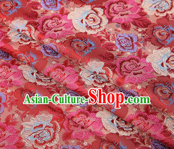 Chinese Traditional Jacquard Fabric Qipao Dress Red Brocade Classical Roses Pattern Design Satin Material Drapery