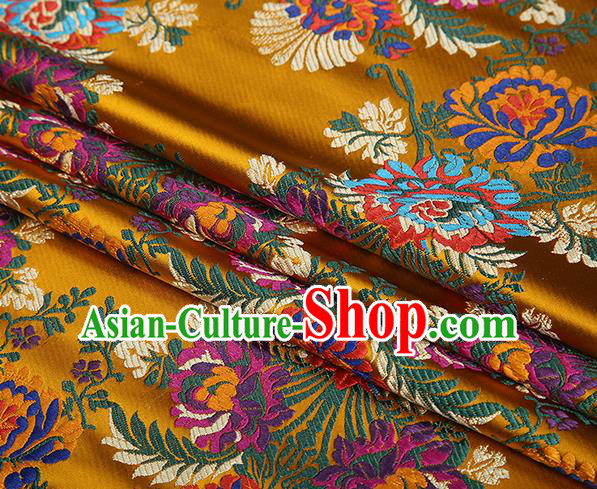 Top Grade Chinese Traditional Golden Satin Fabric Tang Suit Brocade Classical Embroidery Flower Pattern Design Material Drapery