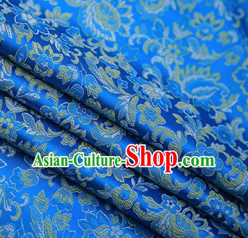Chinese Traditional Apparel Blue Brocade Fabric Classical Flowers Pattern Design Material Satin Drapery