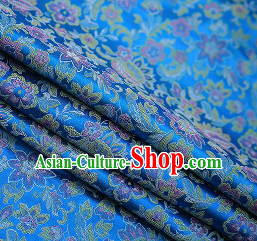 Chinese Traditional Apparel Blue Brocade Fabric Classical Pink Flowers Pattern Design Material Satin Drapery