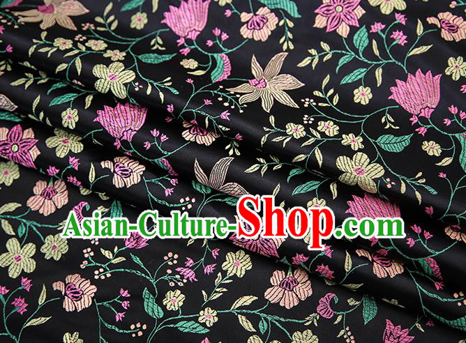 Traditional Chinese Black Satin Tang Suit Brocade Fabric Classical Flowers Pattern Design Silk Material Drapery