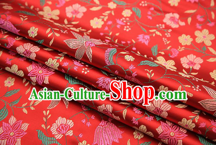 Traditional Chinese Red Satin Tang Suit Brocade Fabric Classical Flowers Pattern Design Silk Material Drapery