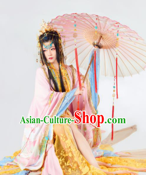 Asian Chinese Cosplay Peri Hanfu Dress Ancient Imperial Empress Embroidered Costumes and Headpiece Complete Set