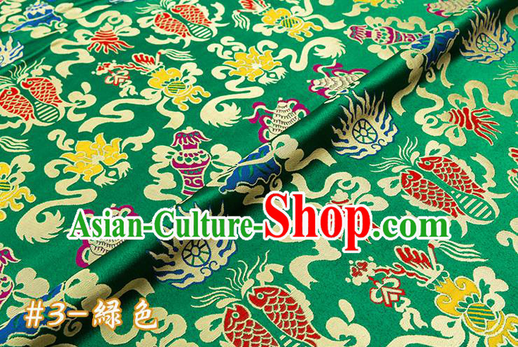 Chinese Traditional Green Nanjing Brocade Satin Fabric Tang Suit Material Classical Double Fishes Pattern Design Drapery