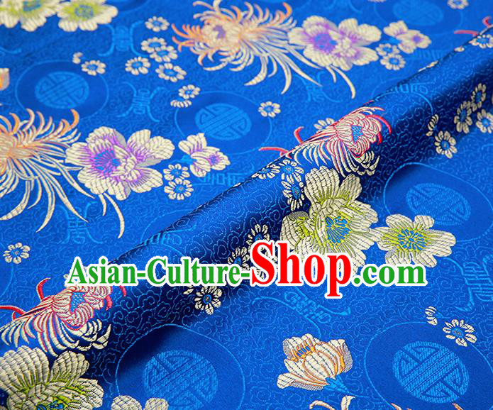 Chinese Traditional Blue Satin Classical Chrysanthemum Peony Pattern Design Brocade Fabric Tang Suit Material Drapery