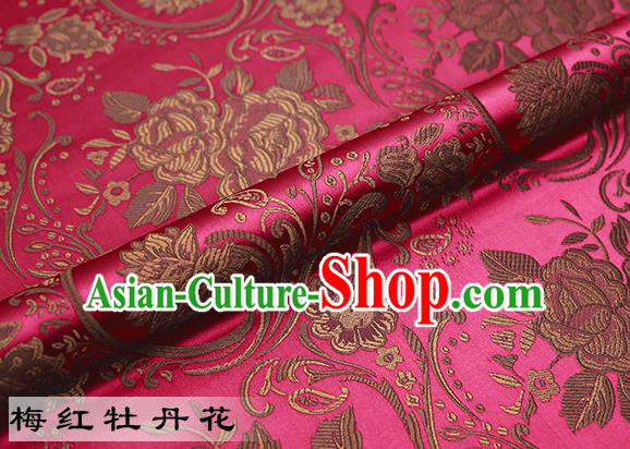 Chinese Traditional Rosy Satin Classical Peony Pattern Design Brocade Fabric Tang Suit Material Drapery