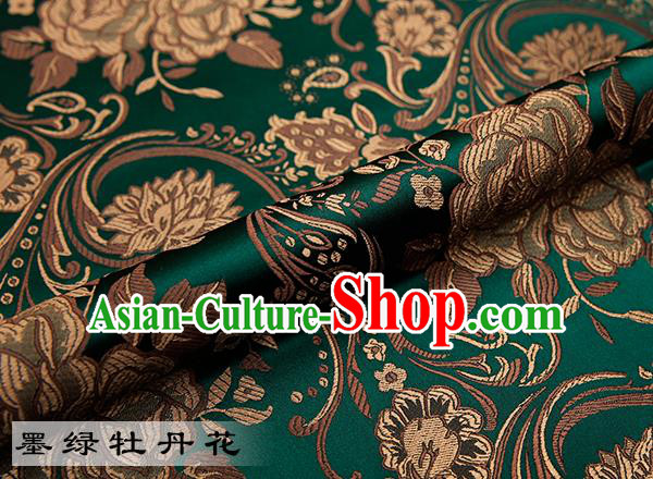 Chinese Traditional Atrovirens Satin Classical Peony Pattern Design Brocade Fabric Tang Suit Material Drapery