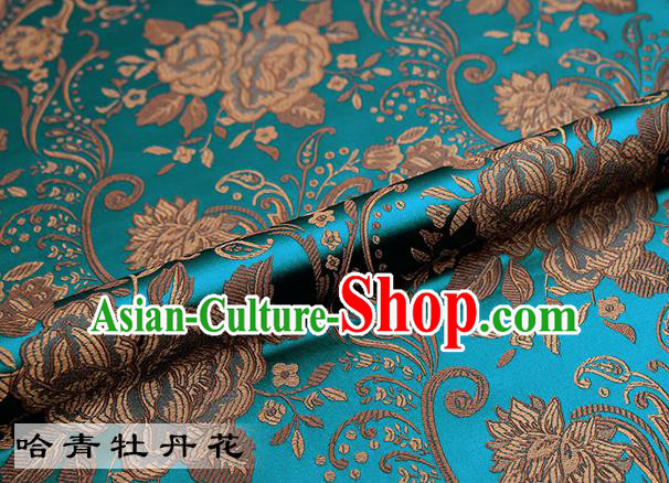 Chinese Traditional Blue Satin Classical Peony Pattern Design Brocade Fabric Tang Suit Material Drapery