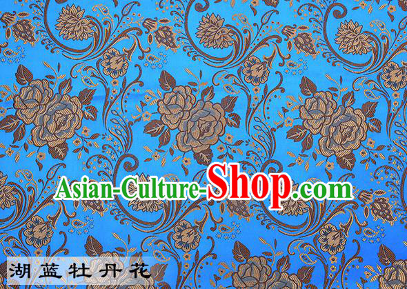 Chinese Traditional Light Blue Satin Classical Peony Pattern Design Brocade Fabric Tang Suit Material Drapery