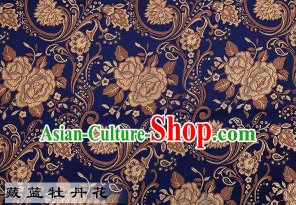 Chinese Traditional Navy Satin Classical Peony Pattern Design Brocade Fabric Tang Suit Material Drapery