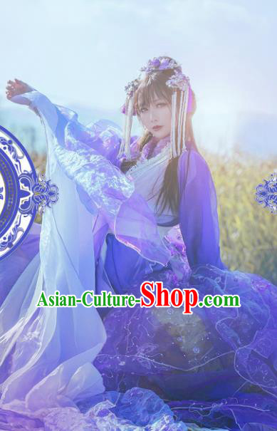 Chinese Ancient Cosplay Costumes Traditional Princess Embroidered Hanfu Clothing and Headpiece Complete Set