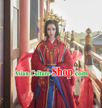 Traditional Chinese Cosplay Wedding Red Hanfu Dress Ancient Princess Embroidered Costumes and Headpiece for Women