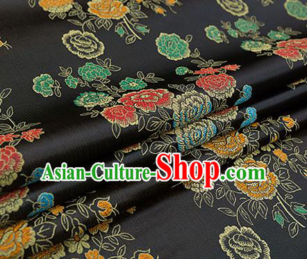 Top Grade Classical Peony Pattern Black Brocade Chinese Traditional Garment Fabric Qipao Dress Satin Material Drapery