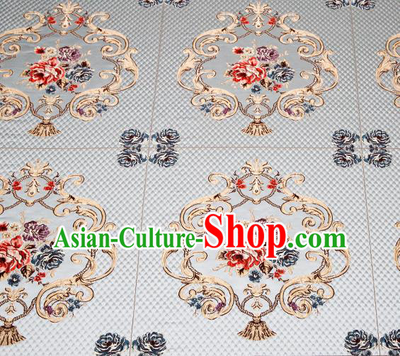 Top Grade Classical Fleur Bouquet Pattern Blue Brocade Chinese Traditional Garment Fabric Cushion Satin Material Drapery